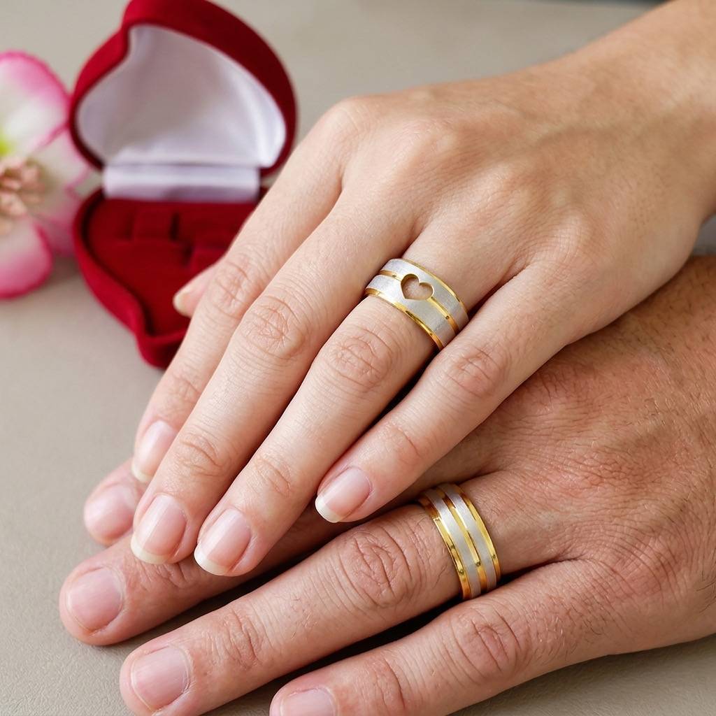 Alianças de Casamento 8mm Banhado a Ouro 18K – Fosco Bicolor com Detalhes em Prata - Image 3