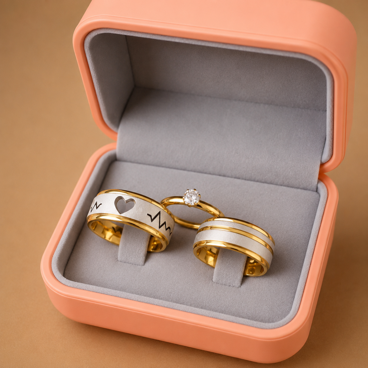 Alianças de Namoro Banhado a Ouro 18K – Modelo Mikelly com Coração e Batimentos Cardíacos - Image 2