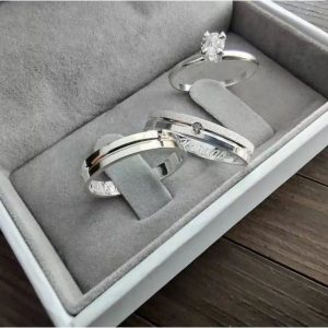 Alianças de Namoro em Prata 950 4mm | Modelo Gisele | Semi Anatômico | Friso Central | Feminina com Pedra de Zircônia