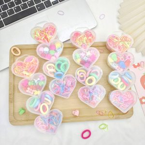 kit Infantil Presilha de Cabelo Elástico Silicone Rabicó Colorido em Caixa de Coração