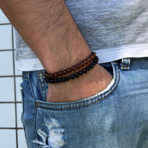 Kit Pulseira Masculina Light Brown + Pedra Ônix