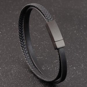 Pulseira de Couro Luxo Preta Masculina